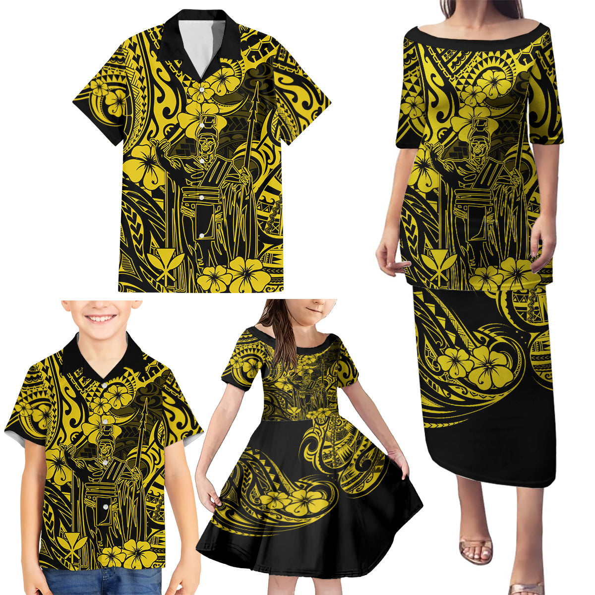 Hawaii King Kamehameha Family Matching Puletasi Dress and Hawaiian Shirt Polynesian Pattern Yellow Version LT01 - Polynesian Pride