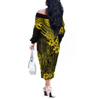 Hawaii King Kamehameha Off The Shoulder Long Sleeve Dress Polynesian Pattern Yellow Version LT01 - Polynesian Pride