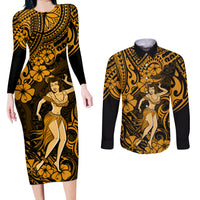 Hawaii Hula Girl Couples Matching Long Sleeve Bodycon Dress and Long Sleeve Button Shirts Polynesian Pattern Gold Version LT01 Gold - Polynesian Pride