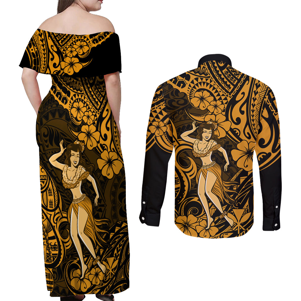 Hawaii Hula Girl Couples Matching Off Shoulder Maxi Dress and Long Sleeve Button Shirts Polynesian Pattern Gold Version LT01 - Polynesian Pride