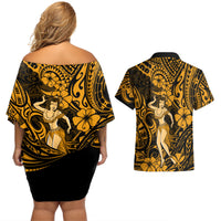 Hawaii Hula Girl Couples Matching Off Shoulder Short Dress and Hawaiian Shirt Polynesian Pattern Gold Version LT01 - Polynesian Pride