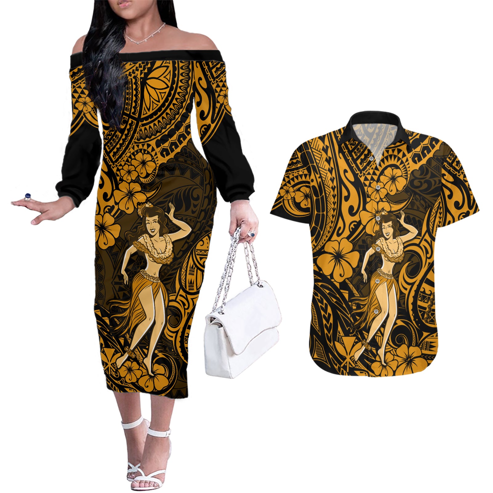 Hawaii Hula Girl Couples Matching Off The Shoulder Long Sleeve Dress and Hawaiian Shirt Polynesian Pattern Gold Version LT01 Gold - Polynesian Pride