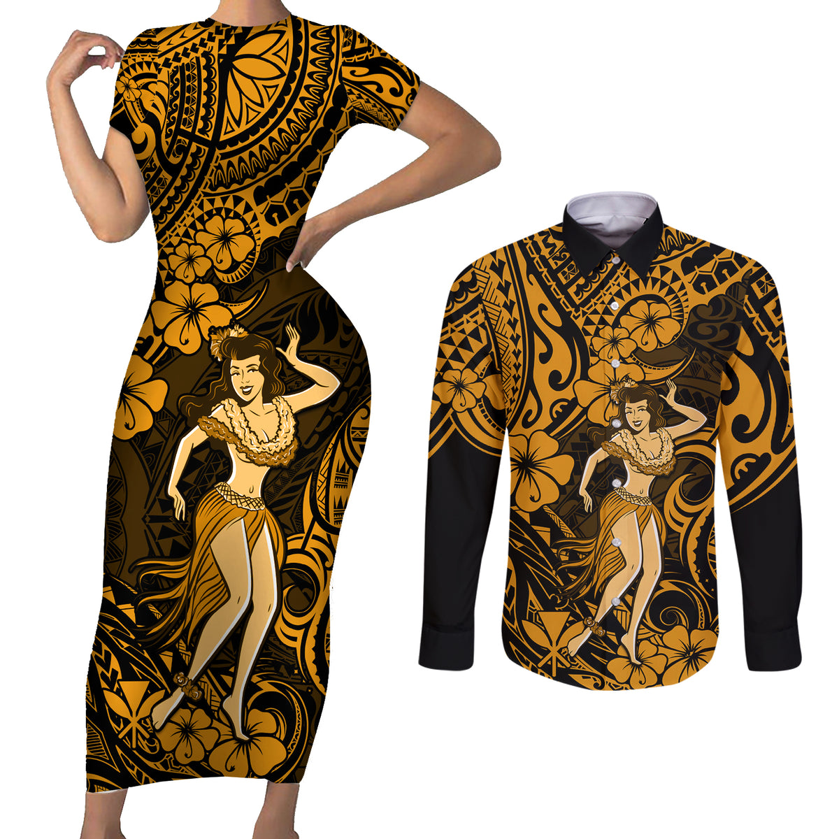 Hawaii Hula Girl Couples Matching Short Sleeve Bodycon Dress and Long Sleeve Button Shirts Polynesian Pattern Gold Version LT01 Gold - Polynesian Pride