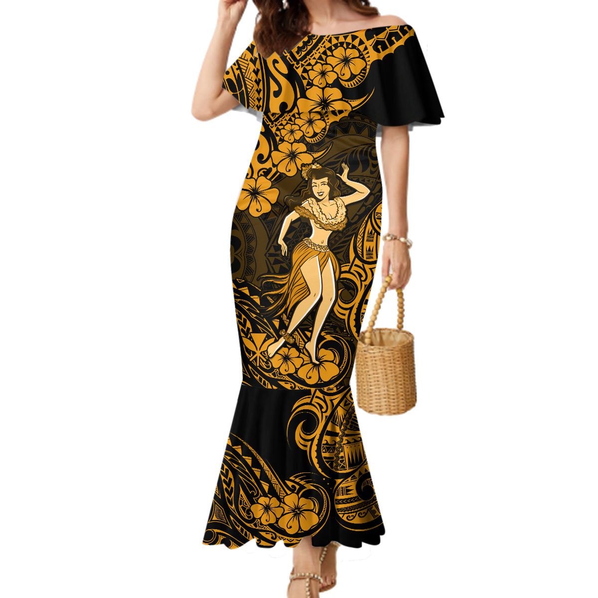 Hawaii Hula Girl Family Matching Mermaid Dress and Hawaiian Shirt Polynesian Pattern Gold Version LT01 Mom's Dress Gold - Polynesian Pride