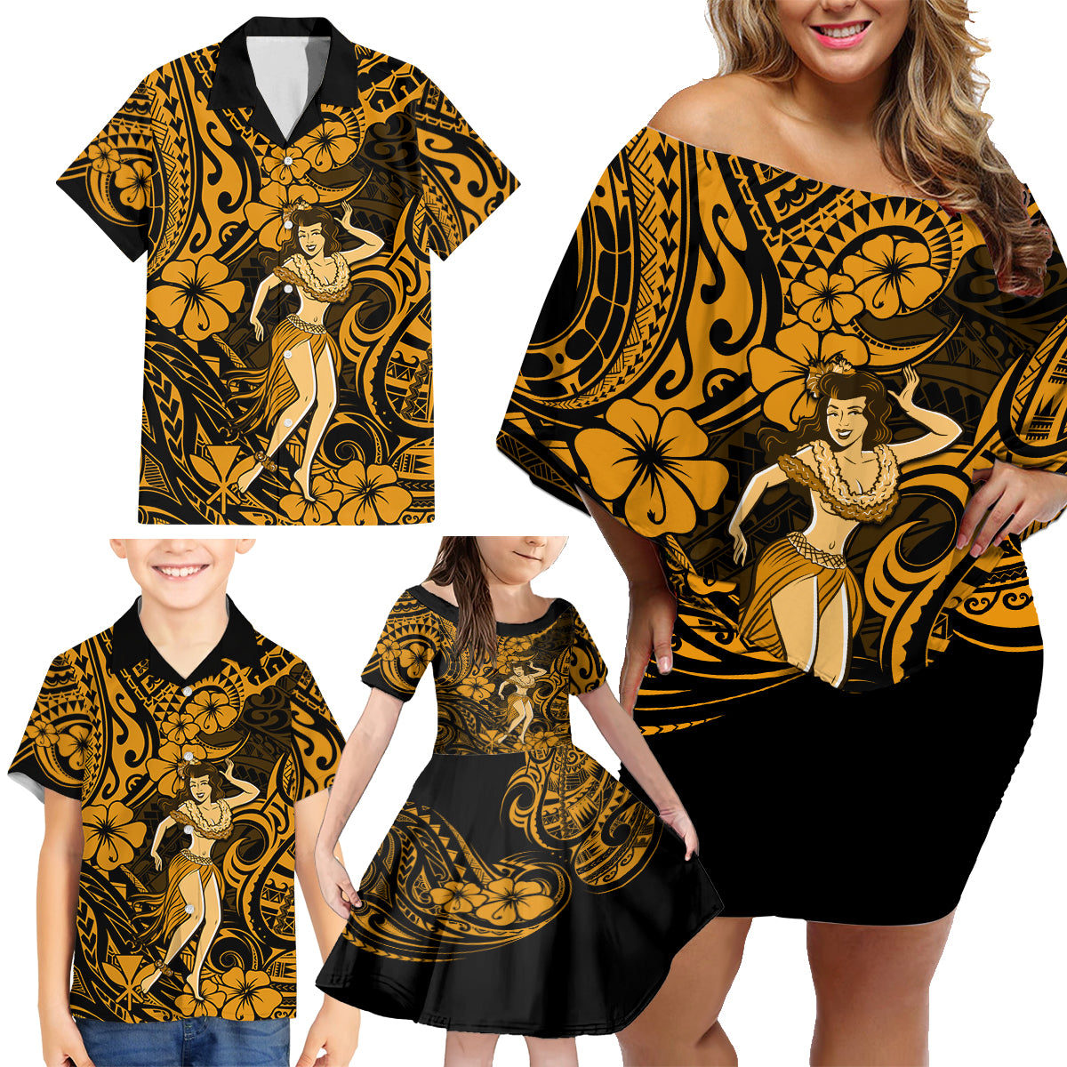 Hawaii Hula Girl Family Matching Off Shoulder Short Dress and Hawaiian Shirt Polynesian Pattern Gold Version LT01 - Polynesian Pride