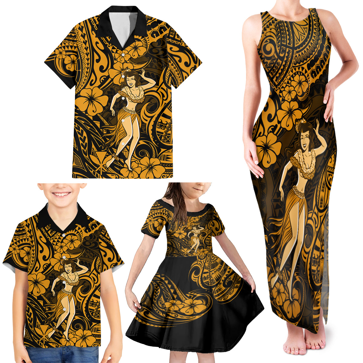 Hawaii Hula Girl Family Matching Tank Maxi Dress and Hawaiian Shirt Polynesian Pattern Gold Version LT01 - Polynesian Pride