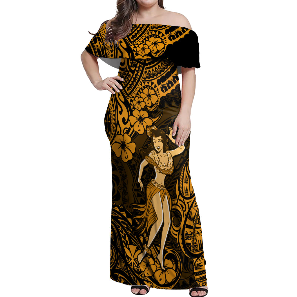 Hawaii Hula Girl Off Shoulder Maxi Dress Polynesian Pattern Gold Version LT01 Women Gold - Polynesian Pride