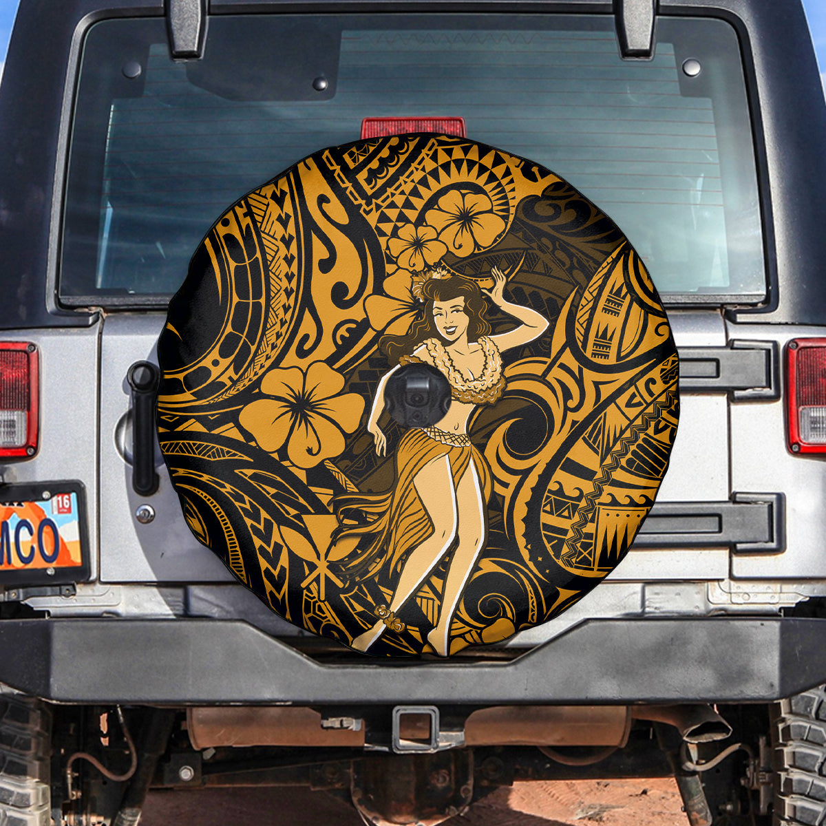 Hawaii Hula Girl Spare Tire Cover Polynesian Pattern Gold Version LT01 - Polynesian Pride