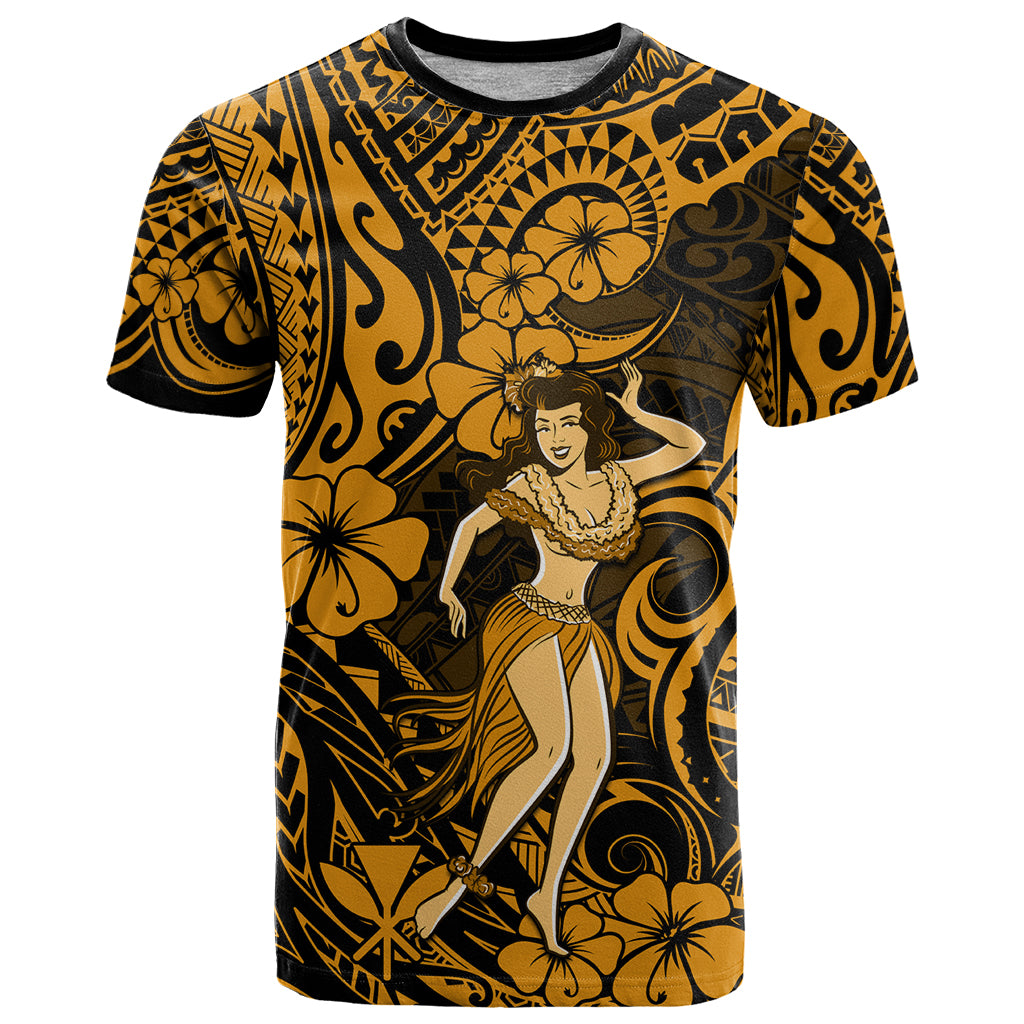 Hawaii Hula Girl T Shirt Polynesian Pattern Gold Version LT01 Gold - Polynesian Pride