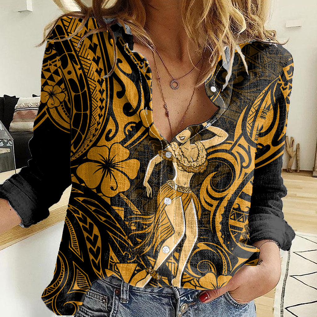 Hawaii Hula Girl Women Casual Shirt Polynesian Pattern Gold Version LT01 Female Gold - Polynesian Pride