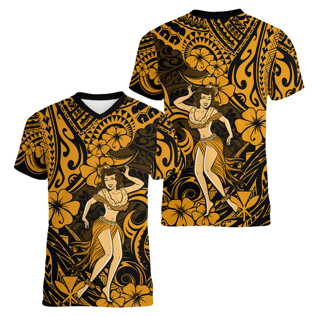 Hawaii Hula Girl Women V Neck T Shirt Polynesian Pattern Gold Version LT01 - Polynesian Pride