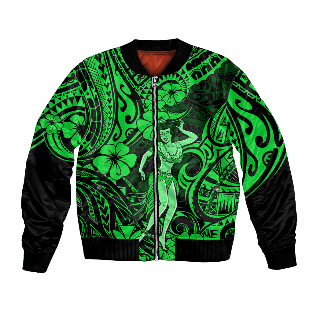 Hawaii Hula Girl Bomber Jacket Polynesian Pattern Green Version LT01 Unisex Green - Polynesian Pride