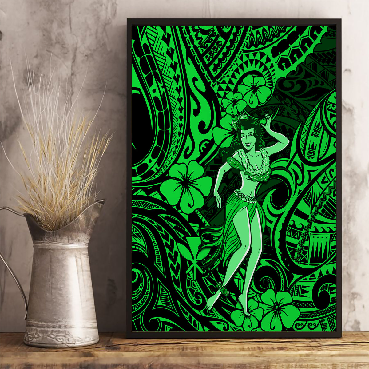 Hawaii Hula Girl Canvas Wall Art Polynesian Pattern Green Version LT01 - Polynesian Pride