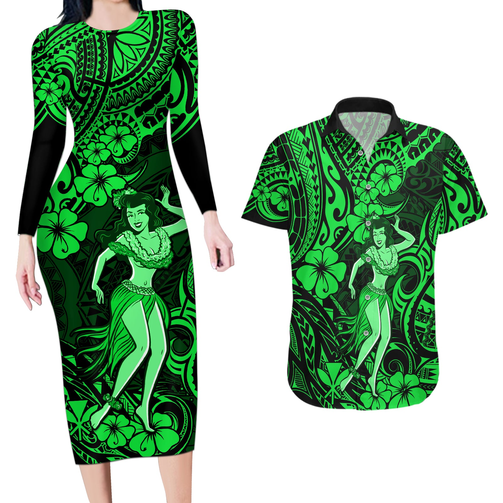 Hawaii Hula Girl Couples Matching Long Sleeve Bodycon Dress and Hawaiian Shirt Polynesian Pattern Green Version LT01 Green - Polynesian Pride