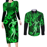 Hawaii Hula Girl Couples Matching Long Sleeve Bodycon Dress and Long Sleeve Button Shirts Polynesian Pattern Green Version LT01 Green - Polynesian Pride