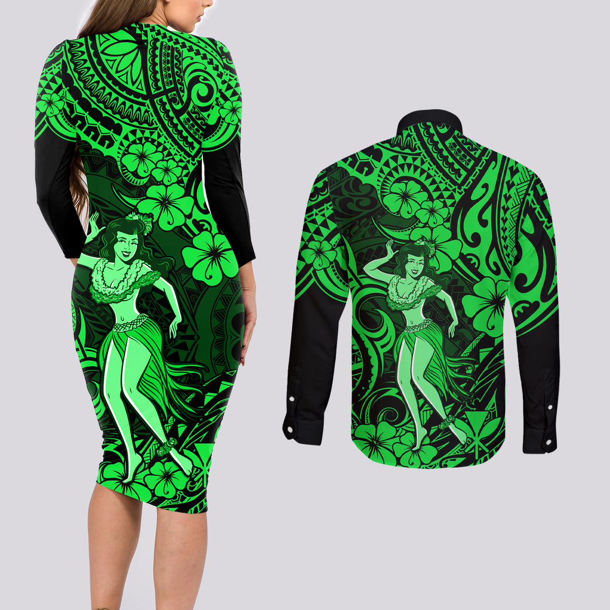 Hawaii Hula Girl Couples Matching Long Sleeve Bodycon Dress and Long Sleeve Button Shirts Polynesian Pattern Green Version LT01 - Polynesian Pride