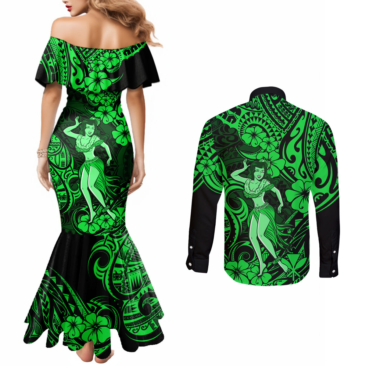 Hawaii Hula Girl Couples Matching Mermaid Dress and Long Sleeve Button Shirts Polynesian Pattern Green Version LT01 - Polynesian Pride