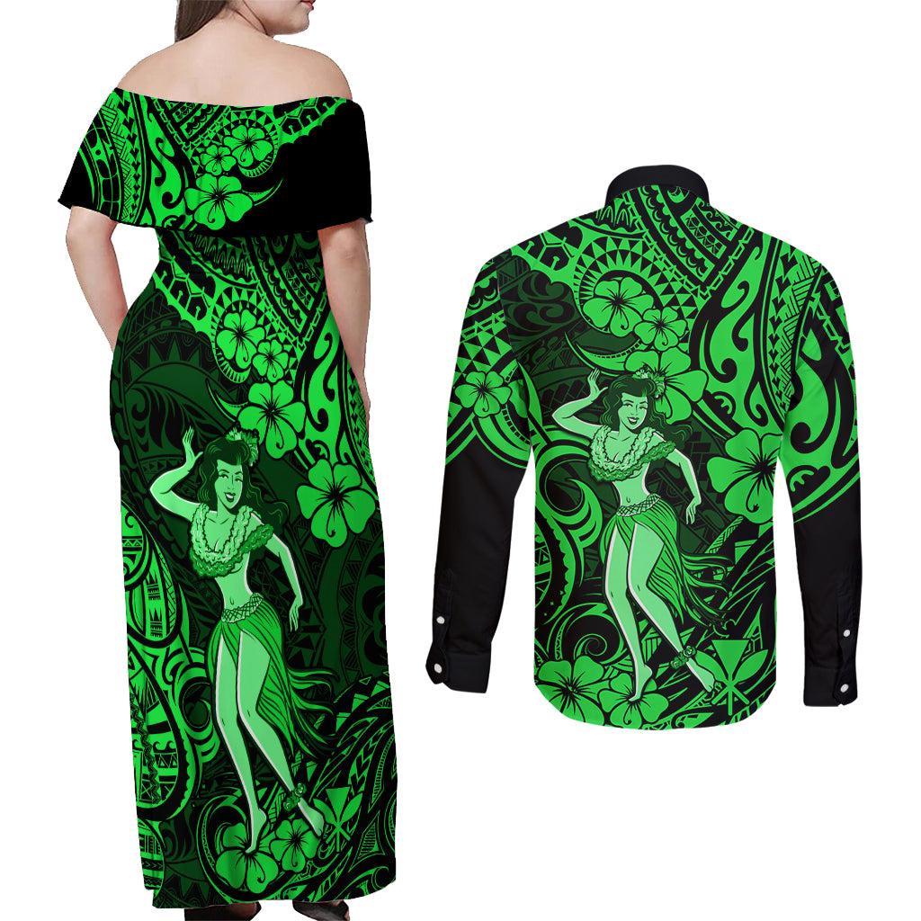 Hawaii Hula Girl Couples Matching Off Shoulder Maxi Dress and Long Sleeve Button Shirts Polynesian Pattern Green Version LT01 - Polynesian Pride