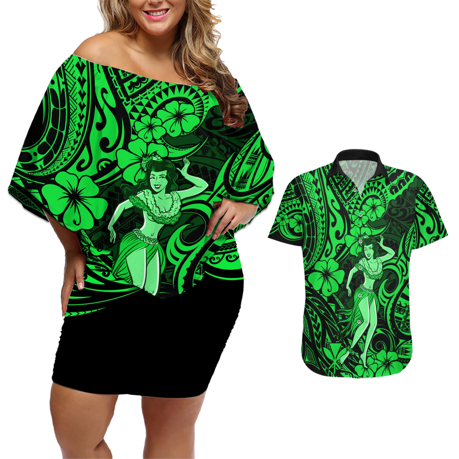 Hawaii Hula Girl Couples Matching Off Shoulder Short Dress and Hawaiian Shirt Polynesian Pattern Green Version LT01 Green - Polynesian Pride