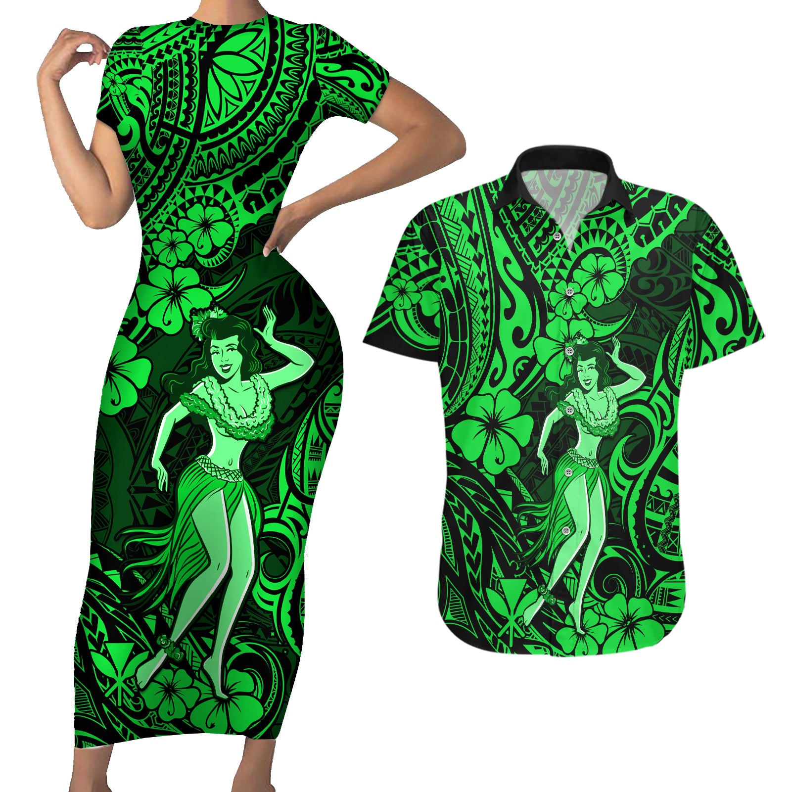 Hawaii Hula Girl Couples Matching Short Sleeve Bodycon Dress and Hawaiian Shirt Polynesian Pattern Green Version LT01 Green - Polynesian Pride