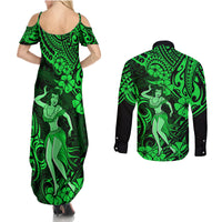 Hawaii Hula Girl Couples Matching Summer Maxi Dress and Long Sleeve Button Shirts Polynesian Pattern Green Version LT01 - Polynesian Pride