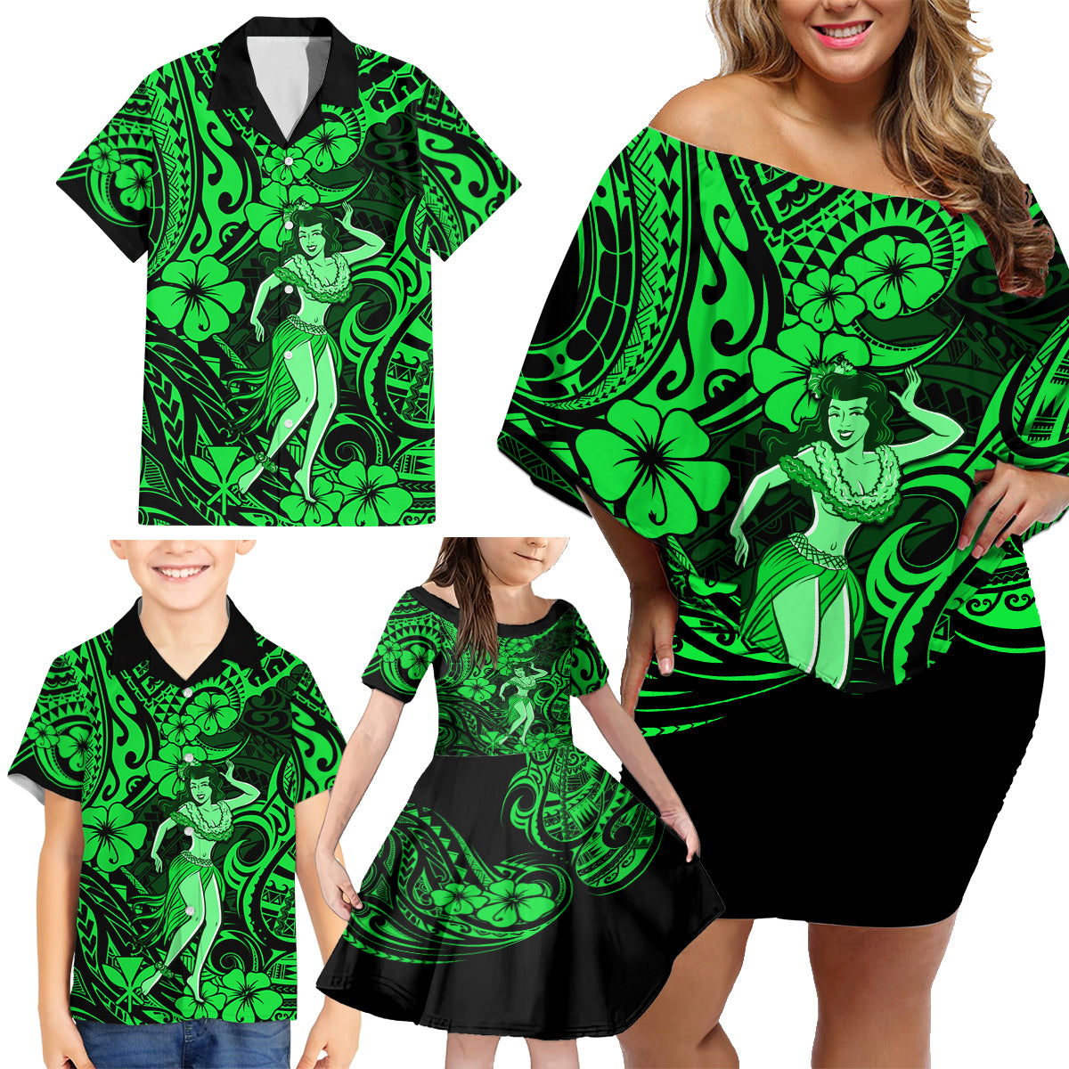 Hawaii Hula Girl Family Matching Off Shoulder Short Dress and Hawaiian Shirt Polynesian Pattern Green Version LT01 - Polynesian Pride