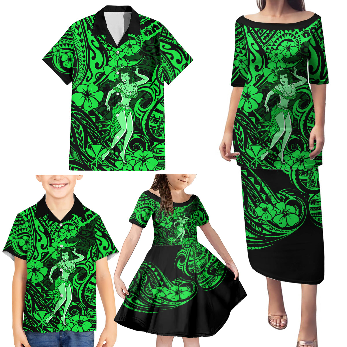 Hawaii Hula Girl Family Matching Puletasi Dress and Hawaiian Shirt Polynesian Pattern Green Version LT01 - Polynesian Pride