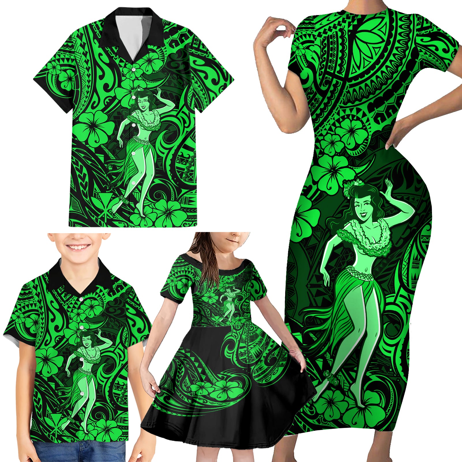 Hawaii Hula Girl Family Matching Short Sleeve Bodycon Dress and Hawaiian Shirt Polynesian Pattern Green Version LT01 - Polynesian Pride