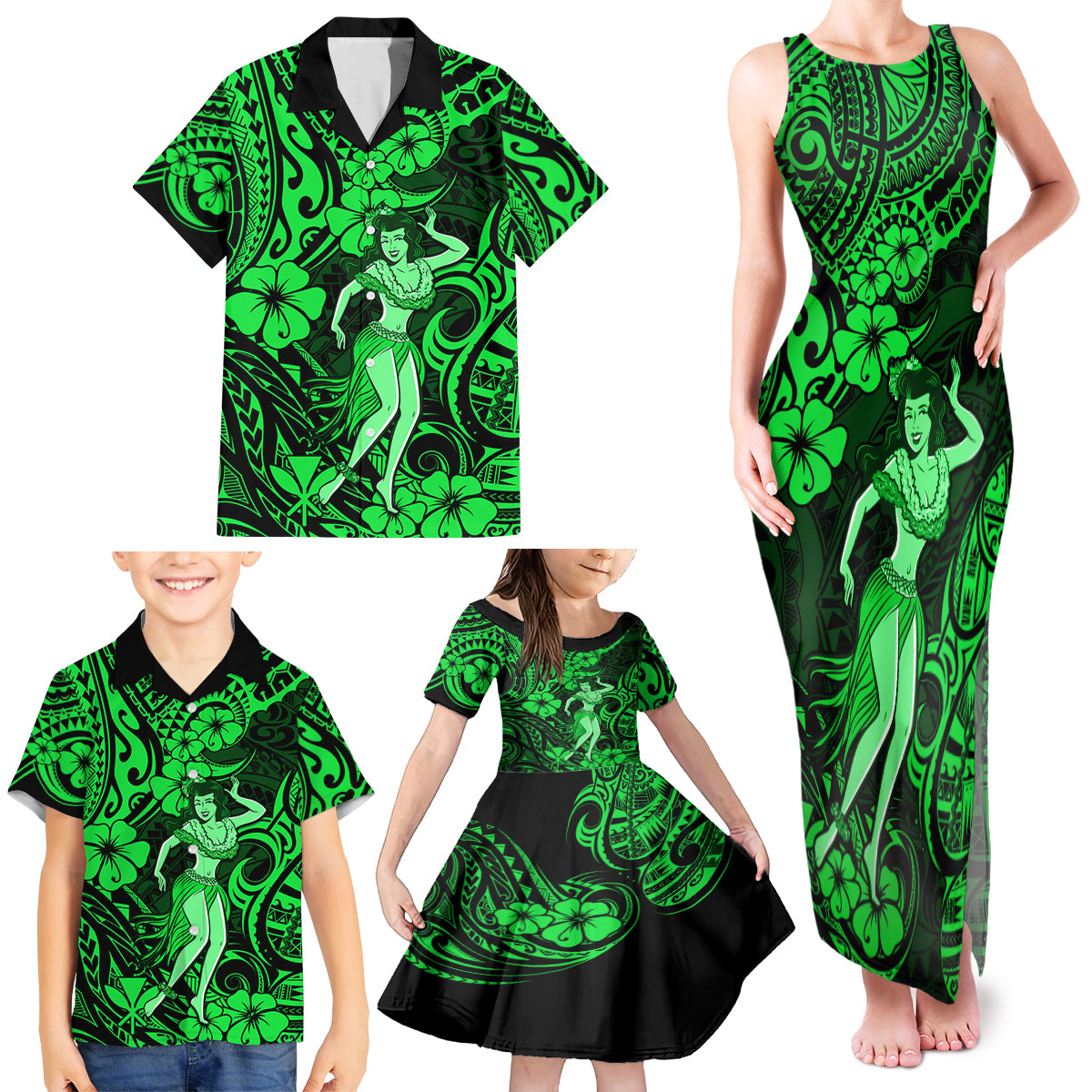 Hawaii Hula Girl Family Matching Tank Maxi Dress and Hawaiian Shirt Polynesian Pattern Green Version LT01 - Polynesian Pride