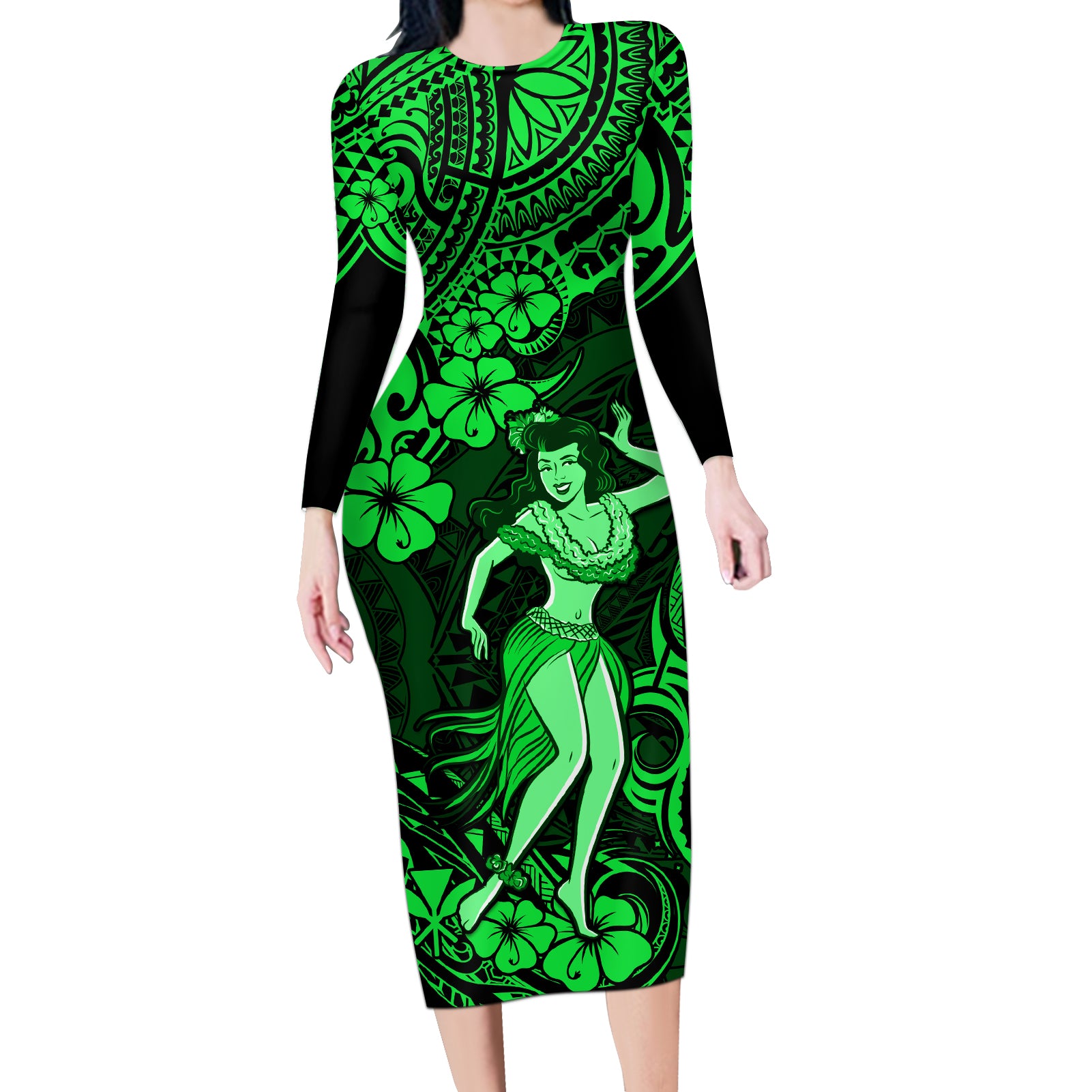 Hawaii Hula Girl Long Sleeve Bodycon Dress Polynesian Pattern Green Version LT01 Long Dress Green - Polynesian Pride