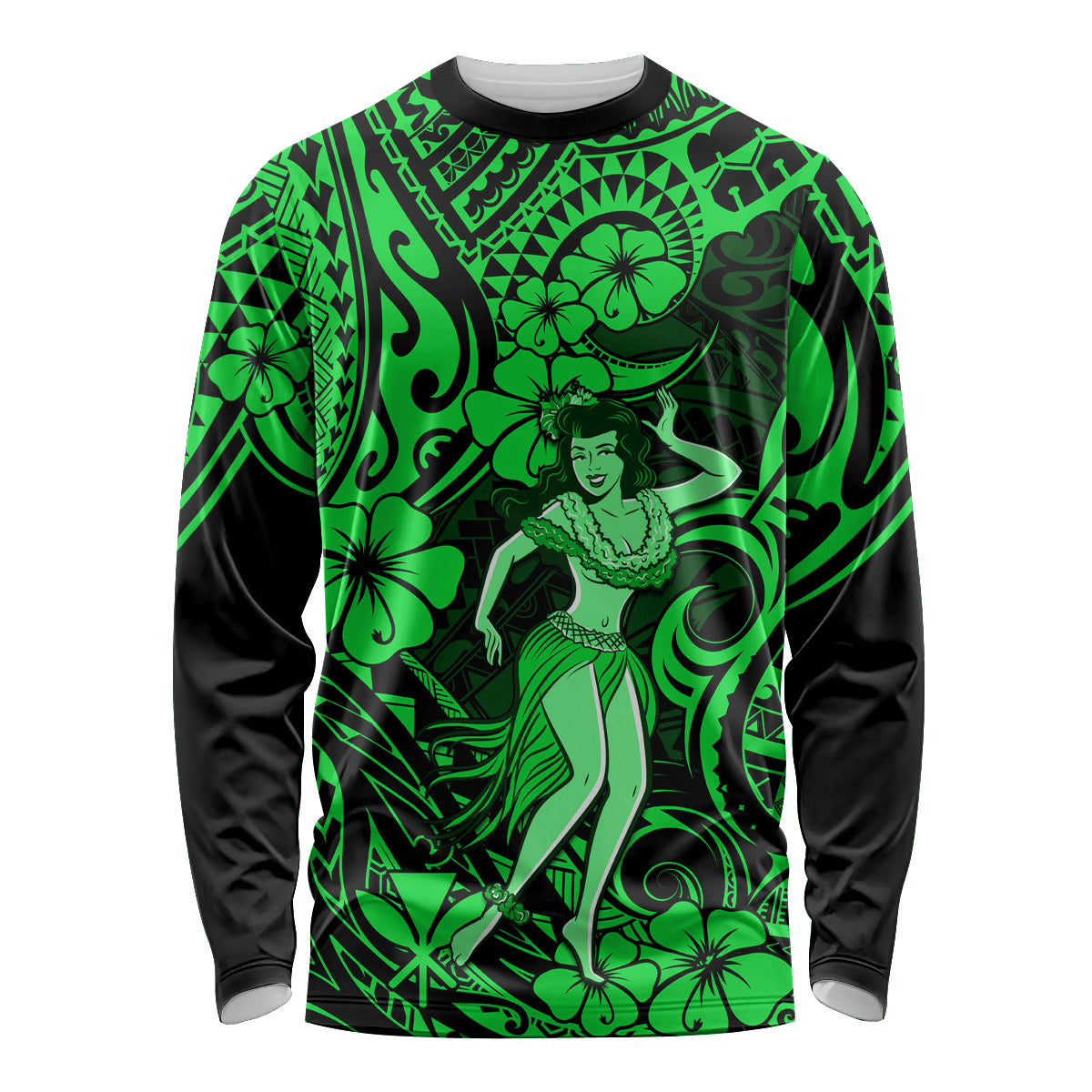 Hawaii Hula Girl Long Sleeve Shirt Polynesian Pattern Green Version LT01 Unisex Green - Polynesian Pride