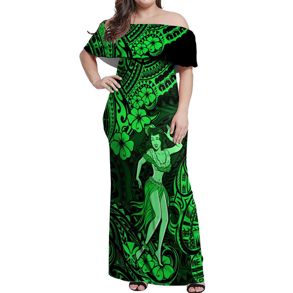 Hawaii Hula Girl Off Shoulder Maxi Dress Polynesian Pattern Green Version LT01 Women Green - Polynesian Pride