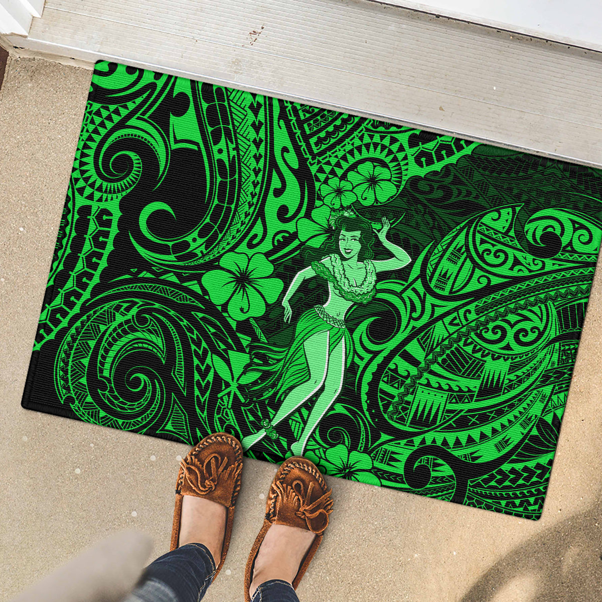 Hawaii Hula Girl Rubber Doormat Polynesian Pattern Green Version LT01 - Polynesian Pride
