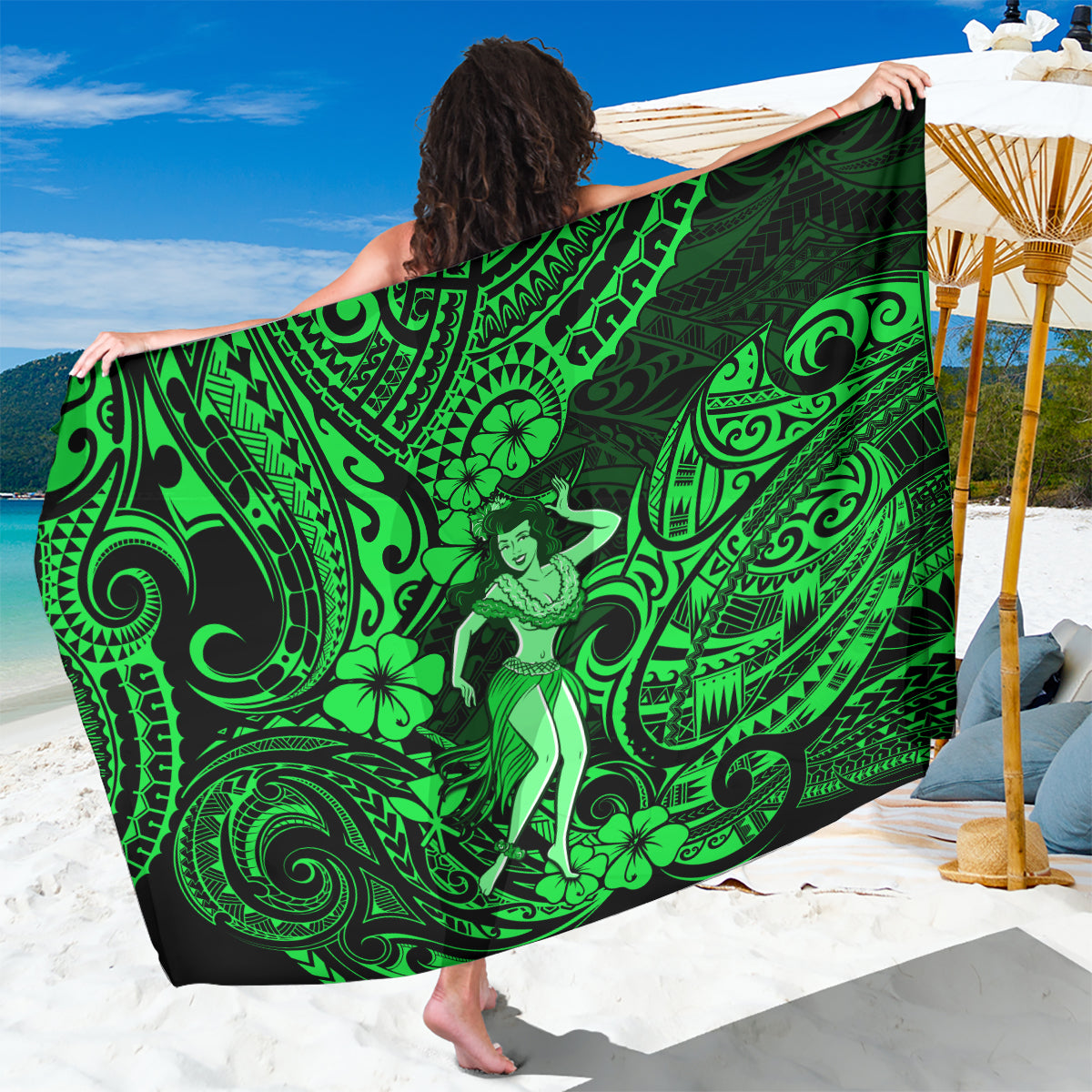 Hawaii Hula Girl Sarong Polynesian Pattern Green Version LT01 One Size 44 x 66 inches Green - Polynesian Pride