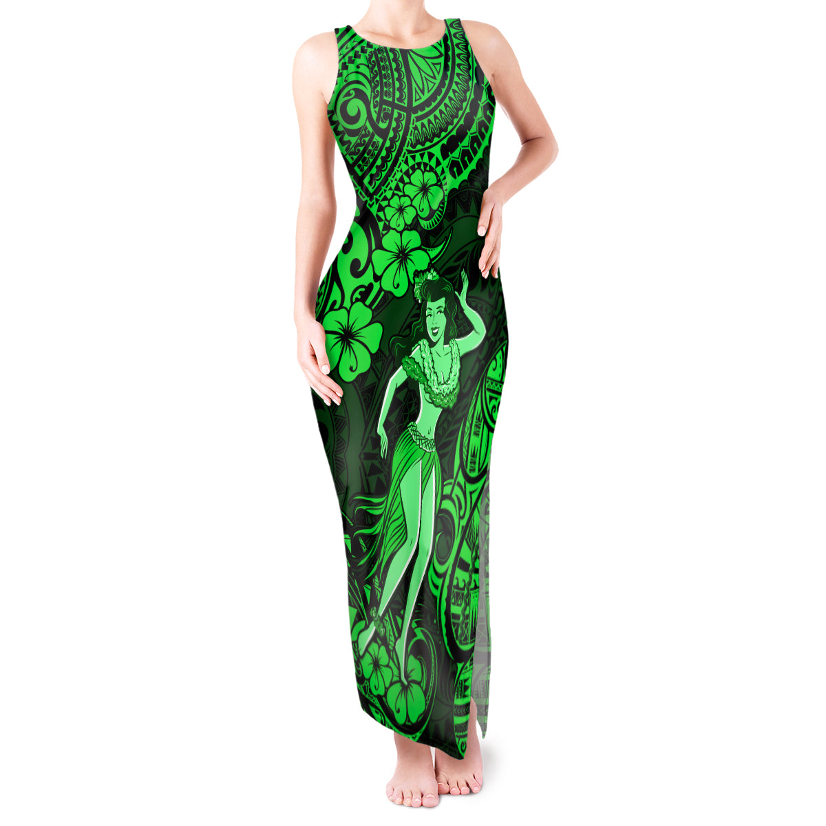 Hawaii Hula Girl Tank Maxi Dress Polynesian Pattern Green Version LT01 Women Green - Polynesian Pride