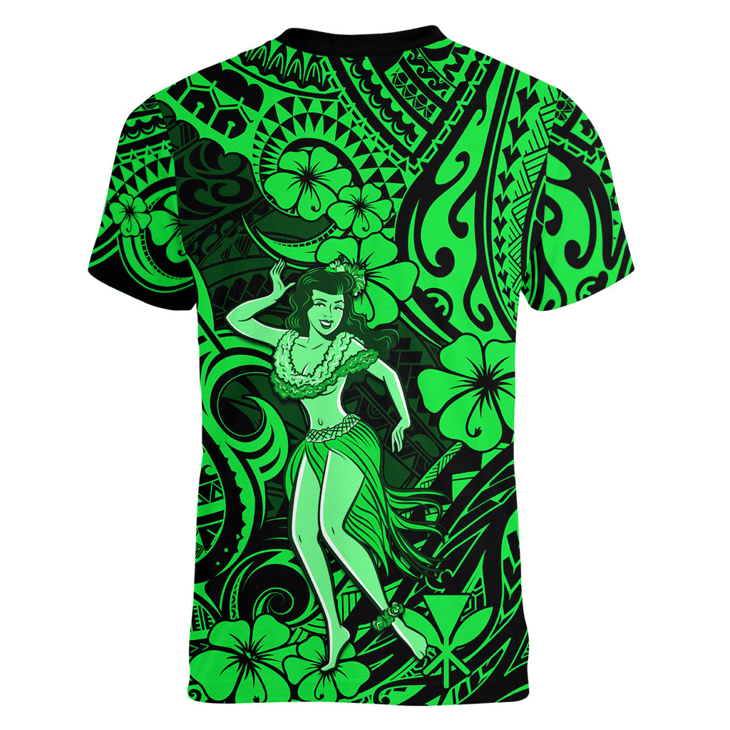 Hawaii Hula Girl Women V Neck T Shirt Polynesian Pattern Green Version LT01 - Polynesian Pride