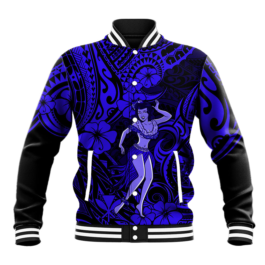 Hawaii Hula Girl Baseball Jacket Polynesian Pattern Navy Blue Version LT01 Unisex Blue - Polynesian Pride
