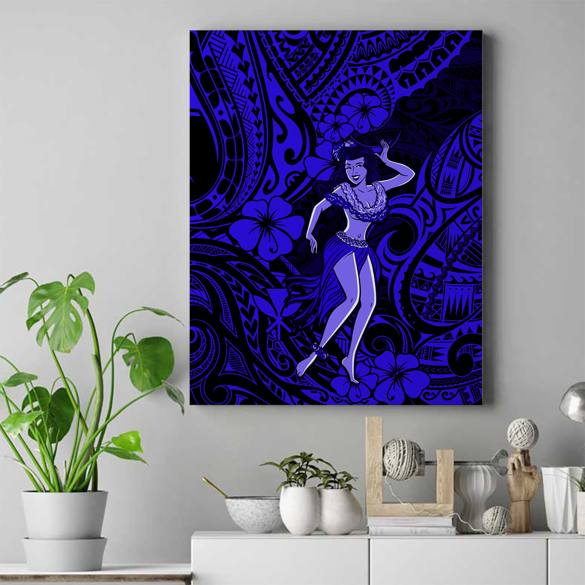 Hawaii Hula Girl Canvas Wall Art Polynesian Pattern Navy Blue Version LT01 Blue - Polynesian Pride