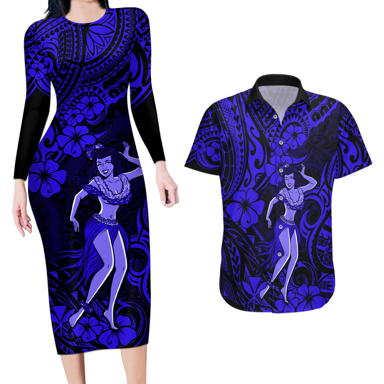 Hawaii Hula Girl Couples Matching Long Sleeve Bodycon Dress and Hawaiian Shirt Polynesian Pattern Navy Blue Version LT01 Blue - Polynesian Pride