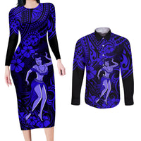 Hawaii Hula Girl Couples Matching Long Sleeve Bodycon Dress and Long Sleeve Button Shirts Polynesian Pattern Navy Blue Version LT01 Blue - Polynesian Pride