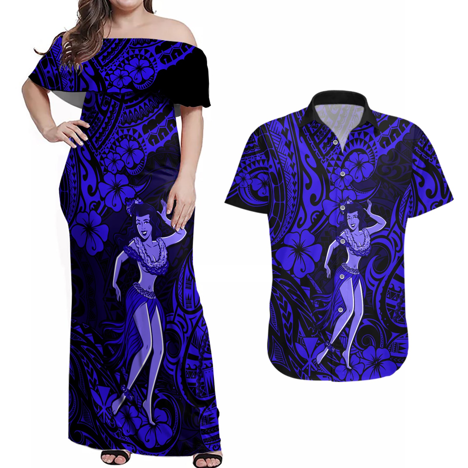 Hawaii Hula Girl Couples Matching Off Shoulder Maxi Dress and Hawaiian Shirt Polynesian Pattern Navy Blue Version LT01 Blue - Polynesian Pride