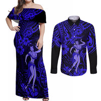 Hawaii Hula Girl Couples Matching Off Shoulder Maxi Dress and Long Sleeve Button Shirts Polynesian Pattern Navy Blue Version LT01 Blue - Polynesian Pride