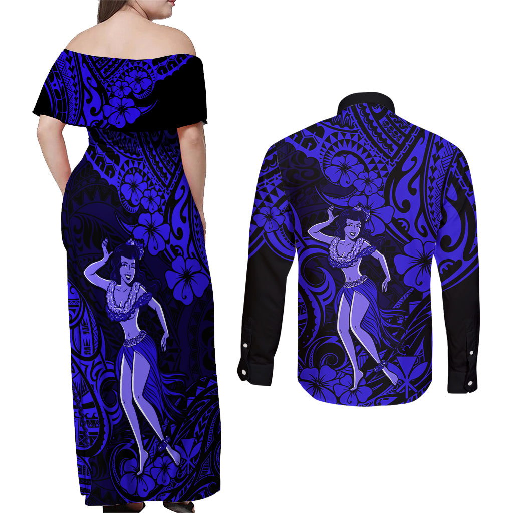 Hawaii Hula Girl Couples Matching Off Shoulder Maxi Dress and Long Sleeve Button Shirts Polynesian Pattern Navy Blue Version LT01 - Polynesian Pride