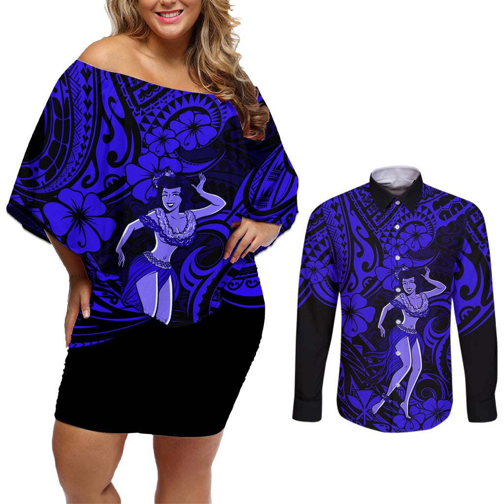 Hawaii Hula Girl Couples Matching Off Shoulder Short Dress and Long Sleeve Button Shirts Polynesian Pattern Navy Blue Version LT01 Blue - Polynesian Pride