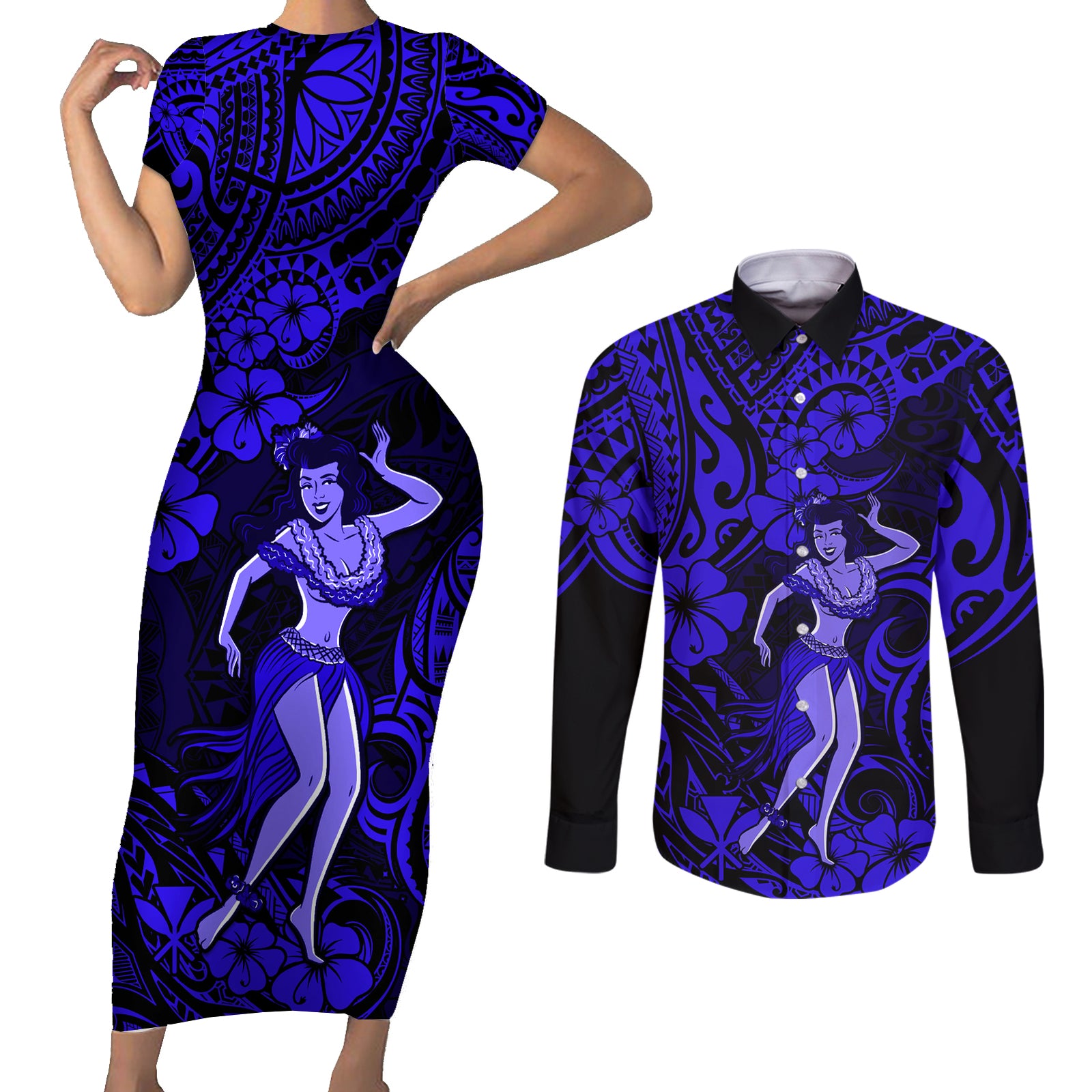 Hawaii Hula Girl Couples Matching Short Sleeve Bodycon Dress and Long Sleeve Button Shirts Polynesian Pattern Navy Blue Version LT01 Blue - Polynesian Pride