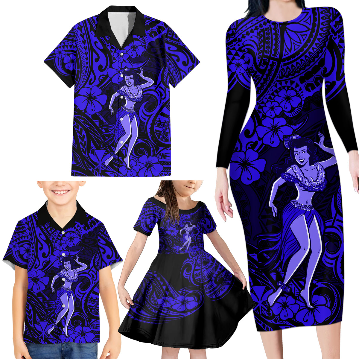 Hawaii Hula Girl Family Matching Long Sleeve Bodycon Dress and Hawaiian Shirt Polynesian Pattern Navy Blue Version LT01 - Polynesian Pride