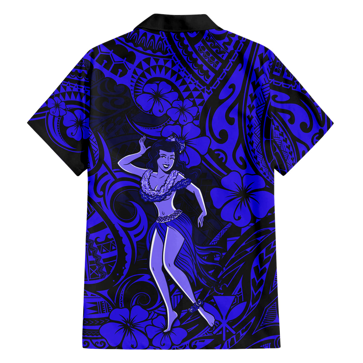 Hawaii Hula Girl Family Matching Short Sleeve Bodycon Dress and Hawaiian Shirt Polynesian Pattern Navy Blue Version LT01 - Polynesian Pride