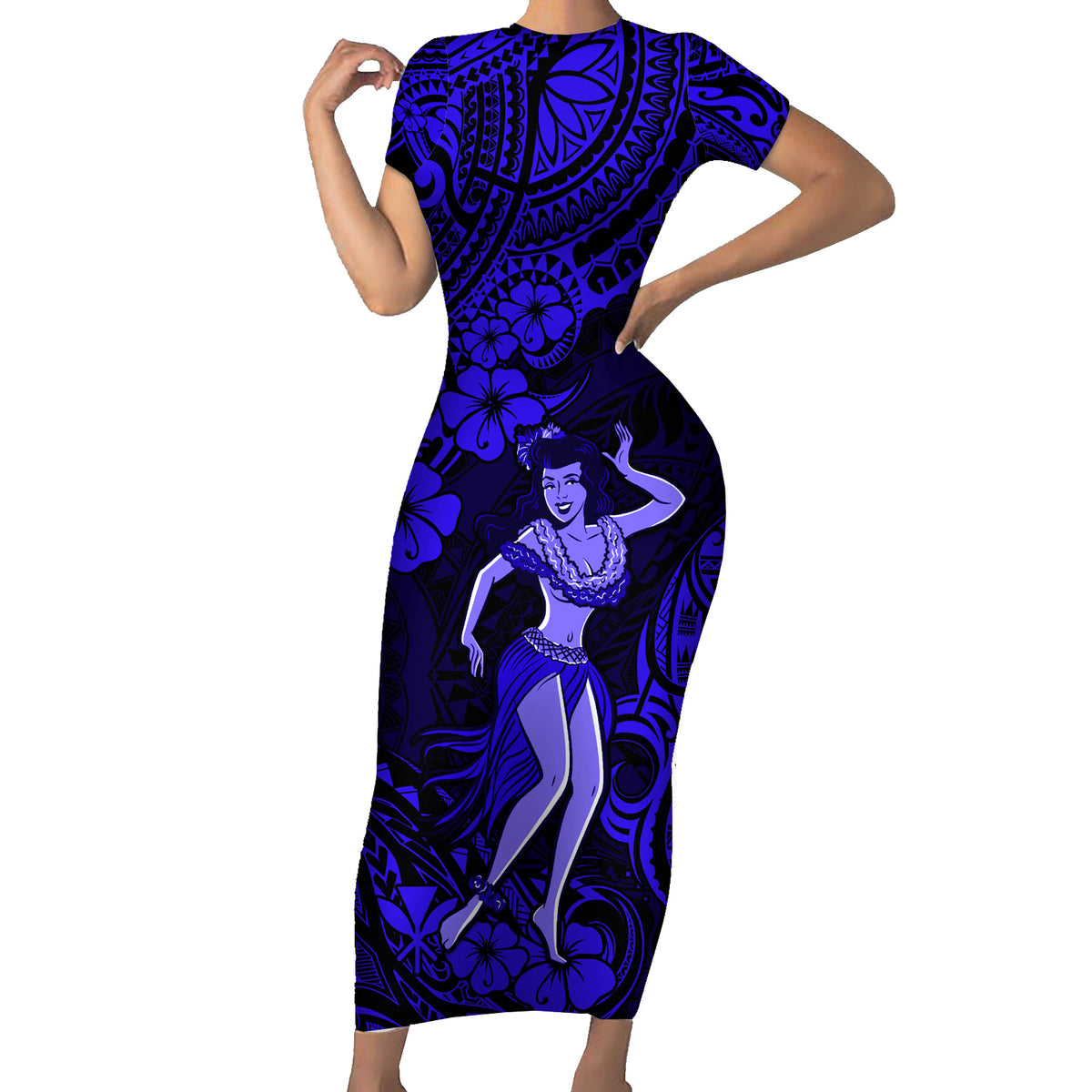 Hawaii Hula Girl Family Matching Short Sleeve Bodycon Dress and Hawaiian Shirt Polynesian Pattern Navy Blue Version LT01 Mom's Dress Blue - Polynesian Pride
