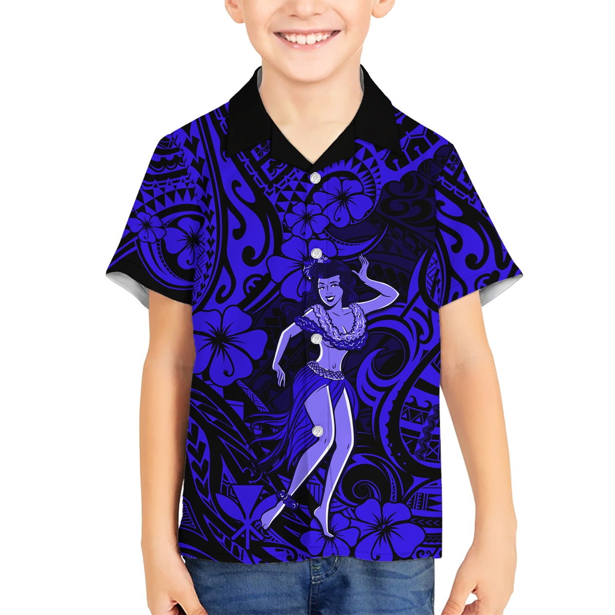 Hawaii Hula Girl Kid Hawaiian Shirt Polynesian Pattern Navy Blue Version LT01 Kid Blue - Polynesian Pride