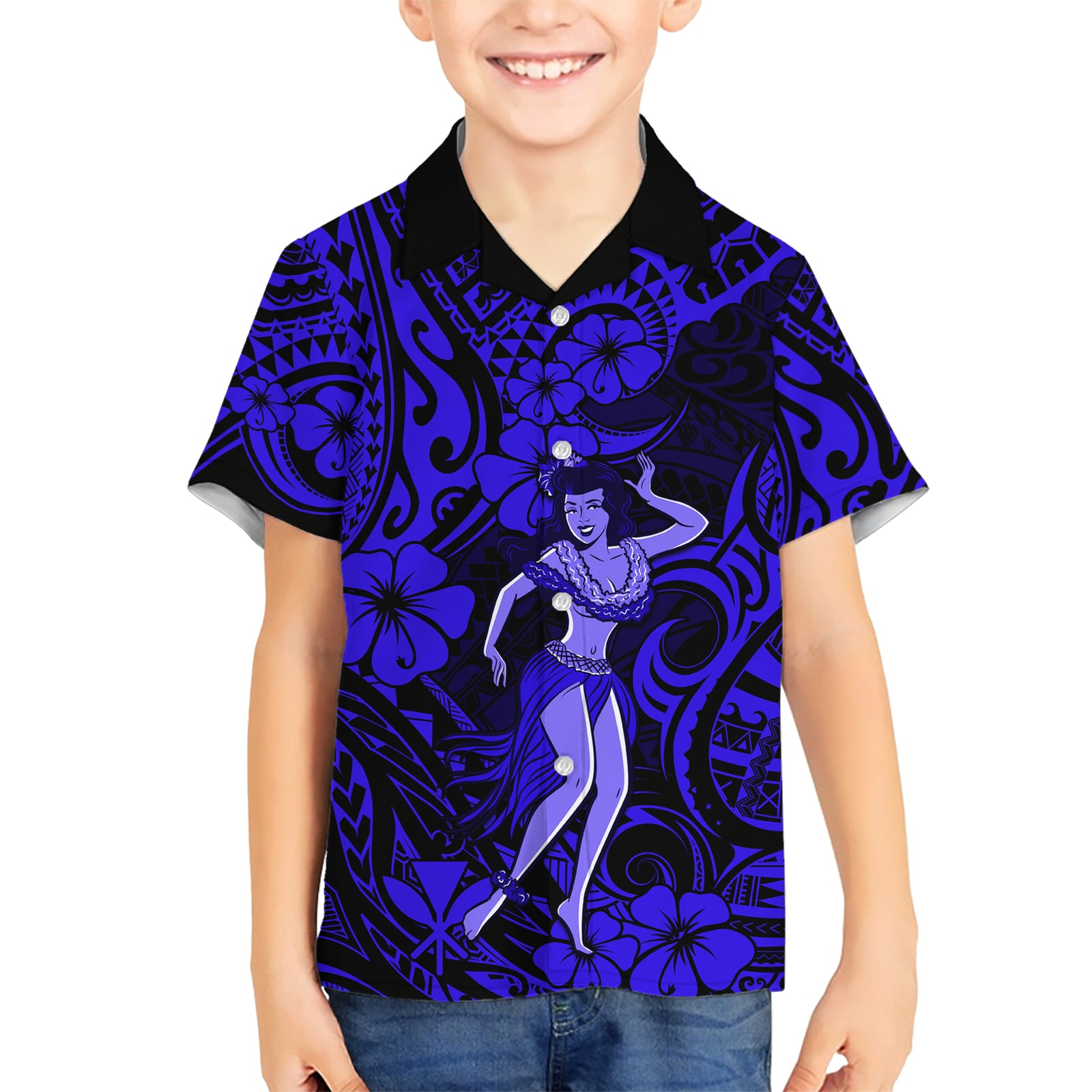Hawaii Hula Girl Kid Hawaiian Shirt Polynesian Pattern Navy Blue Version LT01 Kid Blue - Polynesian Pride